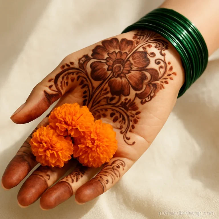 Mehandi pose with a hand holding a bunch of marigold flowers