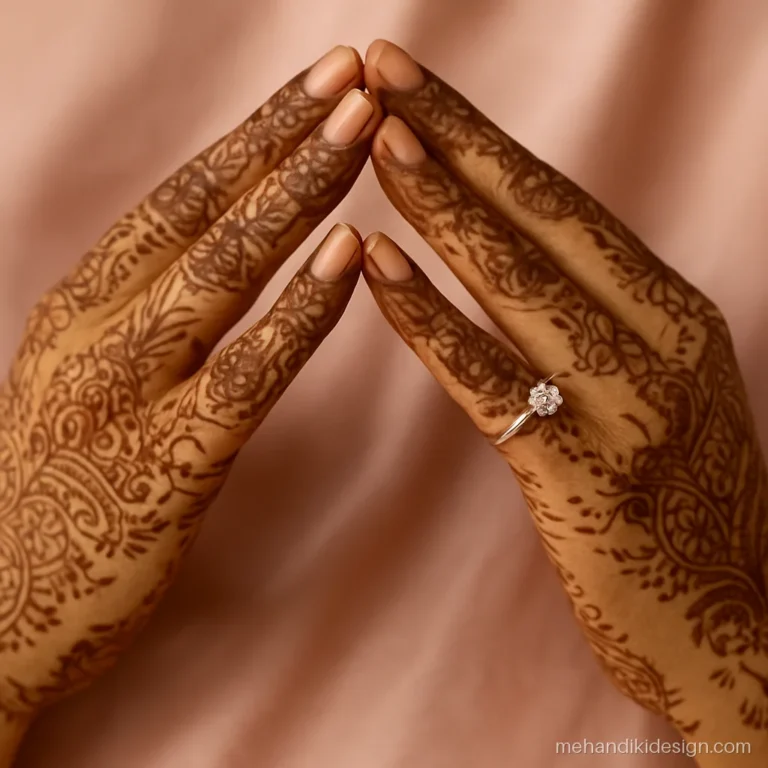 Mehandi pose with hands framing an engagement ring in the centre