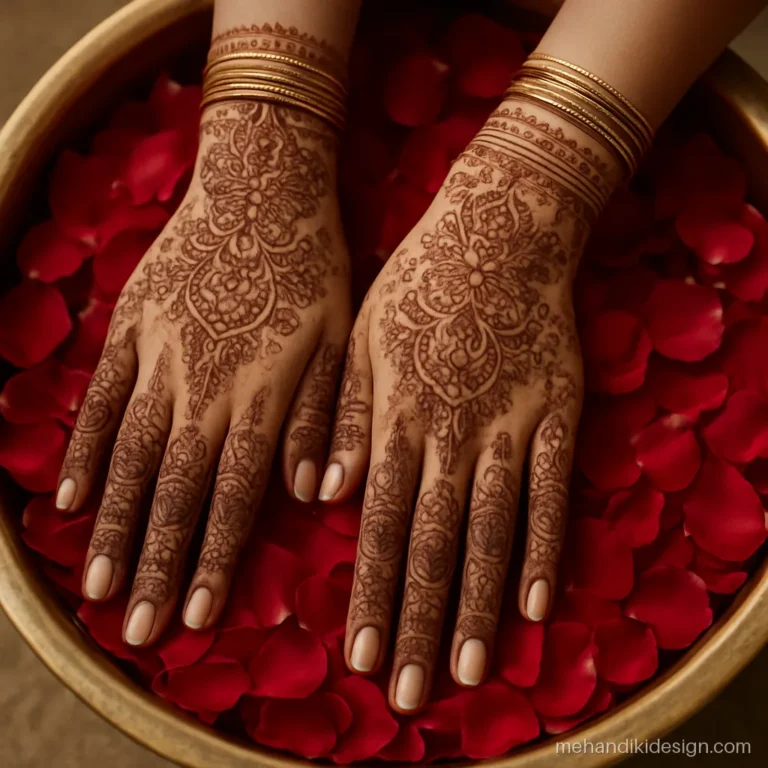 Mehandi pose with hennaed hands dipped in a bowl of rose petals