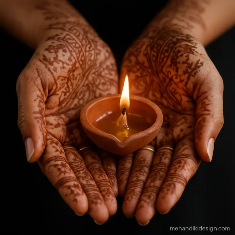 Mehandi pose of hennaed hands cupping a lit diya
