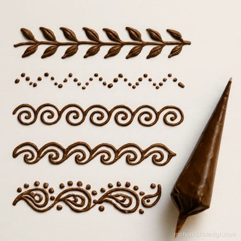 Mehandi pattern practice sheet with bel vines and border bands