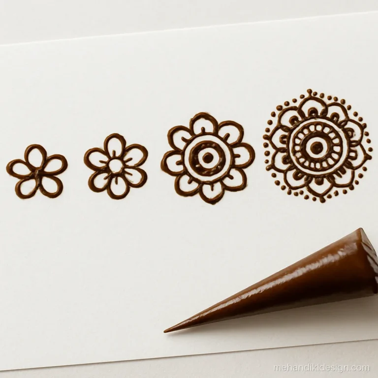 Mehandi designs for beginners practice sheet with flowers and mandala rings