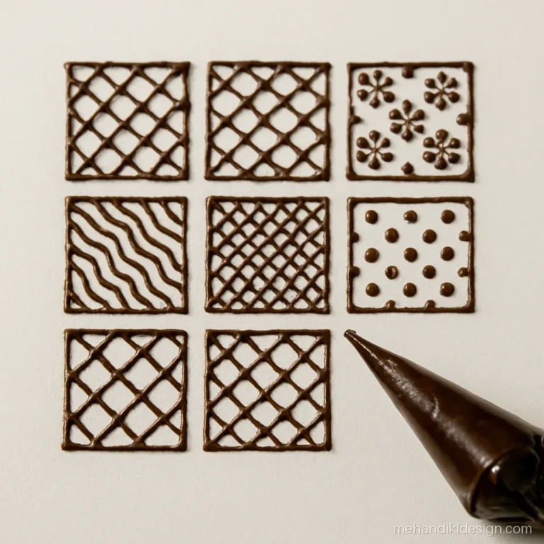 Mehandi drawing practice sheet with jaal net and filler patterns