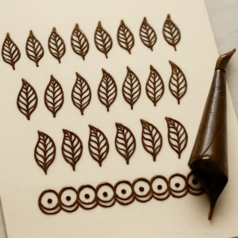 Mehandi practice sheet with leaves, veins and half moon scallops