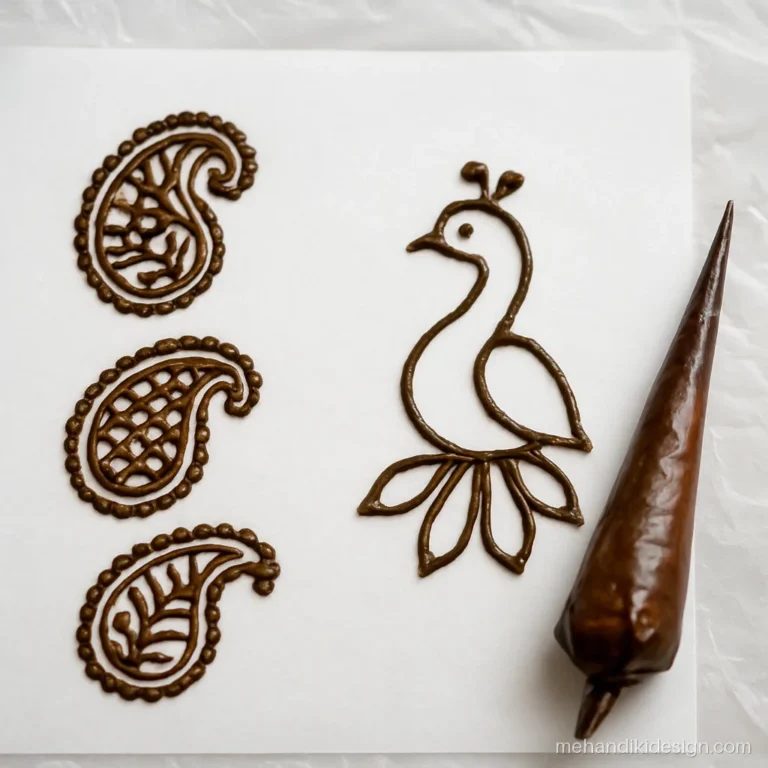 Mehandi practice sheet with paisley kairi and simple peacock outlines