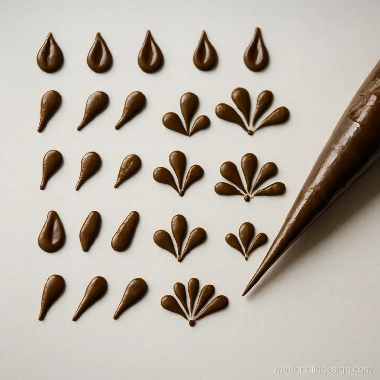 Mehandi practice sheet with rows of petals and teardrop shapes