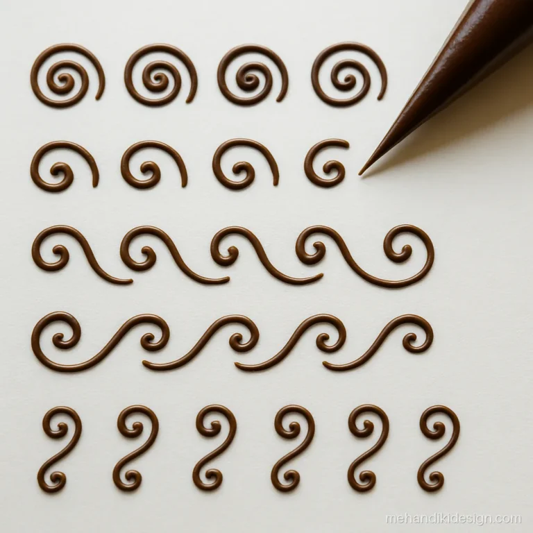 Mehandi pattern practice sheet with swirls, spirals and curls
