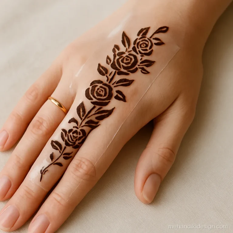 Mehandi stencil pressed flat on the back of a hand before filling
