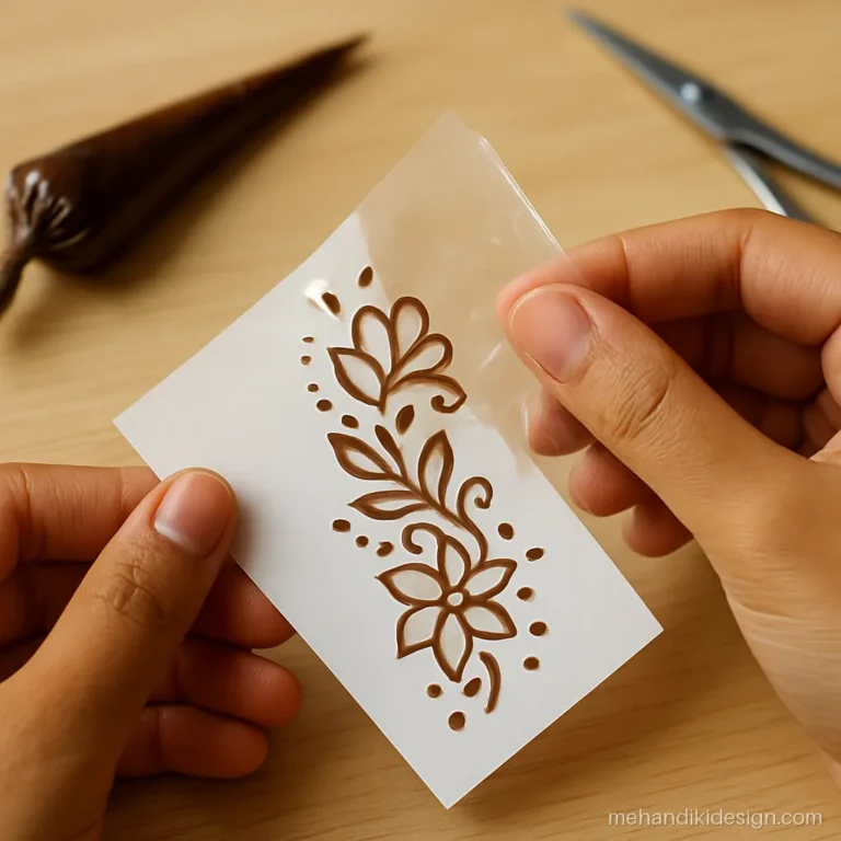Mehandi stencil sheet being peeled from its paper backing before use