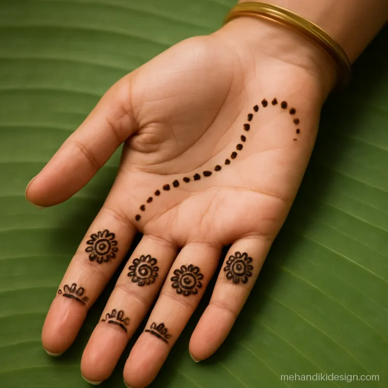 Small onam mehandi with mini pookalam flowers on each finger and dots on the palm