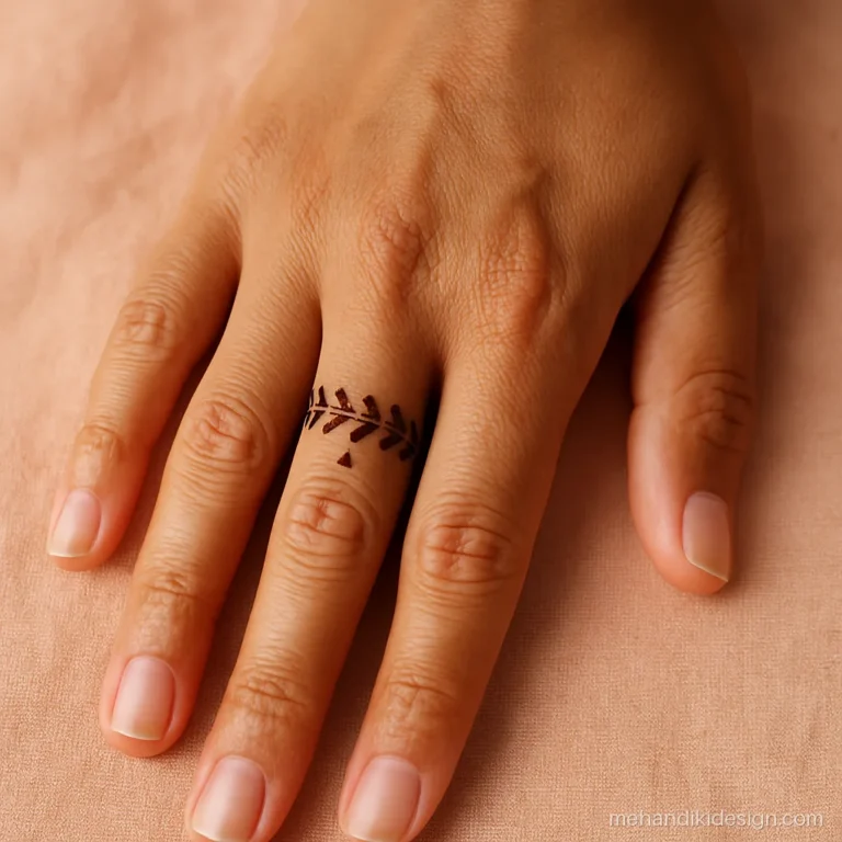 Minimal mehandi design back side with a ring finger band and dot