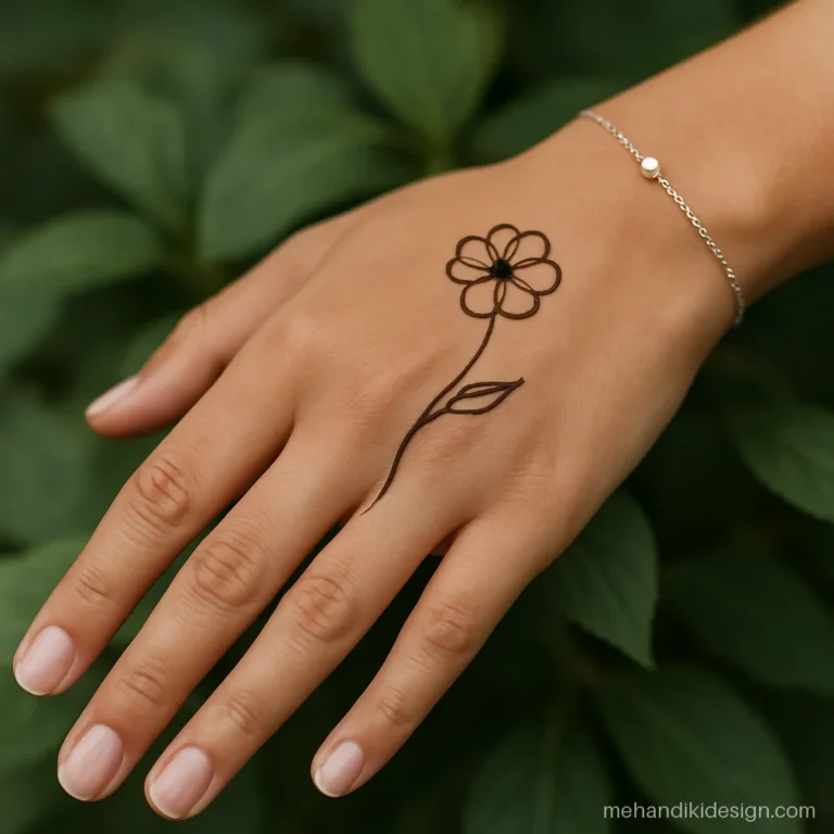 Minimal back side mehandi design with a thin line flower and stem