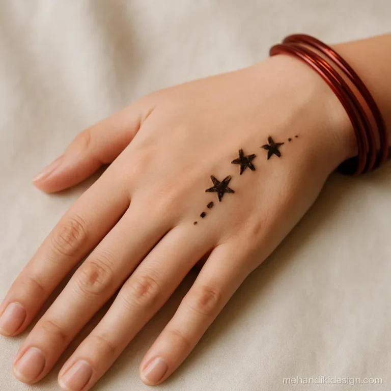 Minimal back hand mehandi with three tiny stars near the wrist