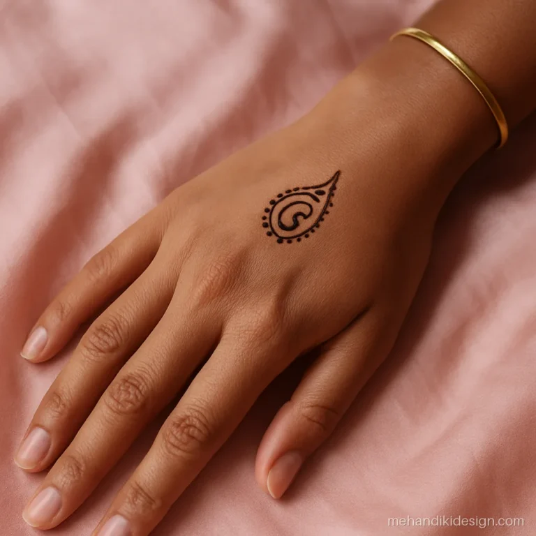 Minimal back side mehandi with a tiny paisley on the wrist
