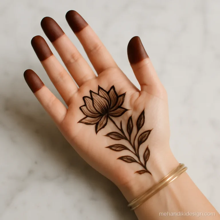 Minimal bride mehandi design covering half the palm with a lotus