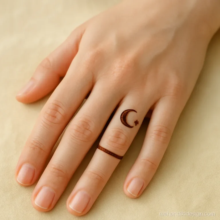 Minimal mehandi design for fingers with a moon and star on the pinky