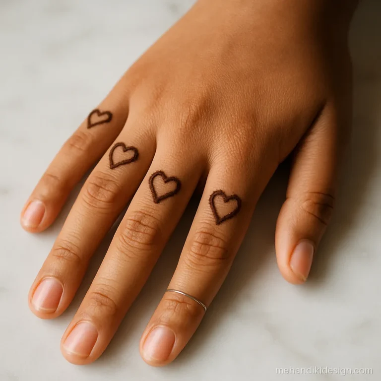 Minimal finger mehandi with tiny hearts on each fingertip