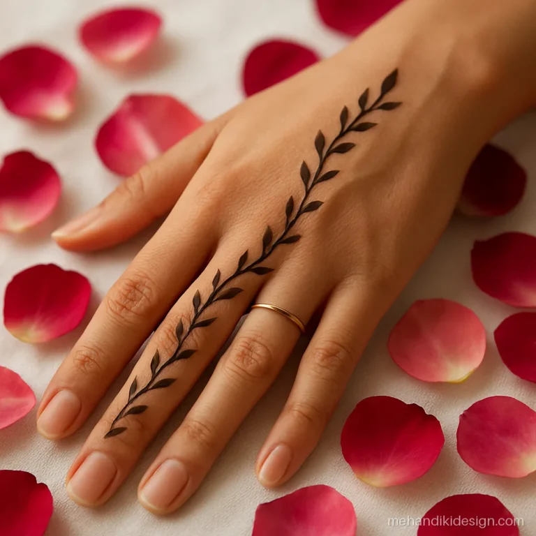 Minimal finger mehandi with a thin vine joining the thumb and index finger