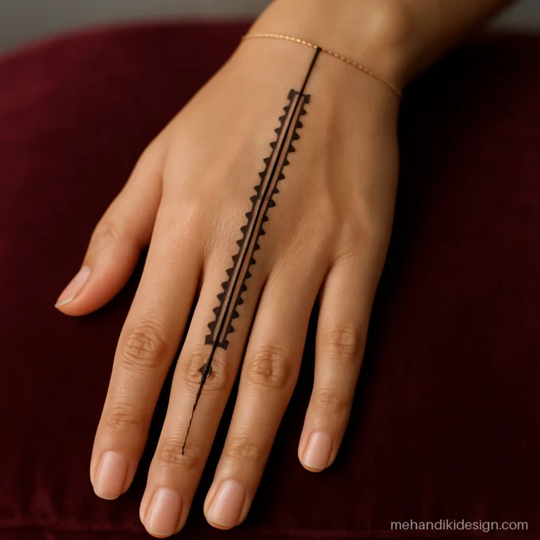 Minimal geometric mehandi design with triangles on the back hand
