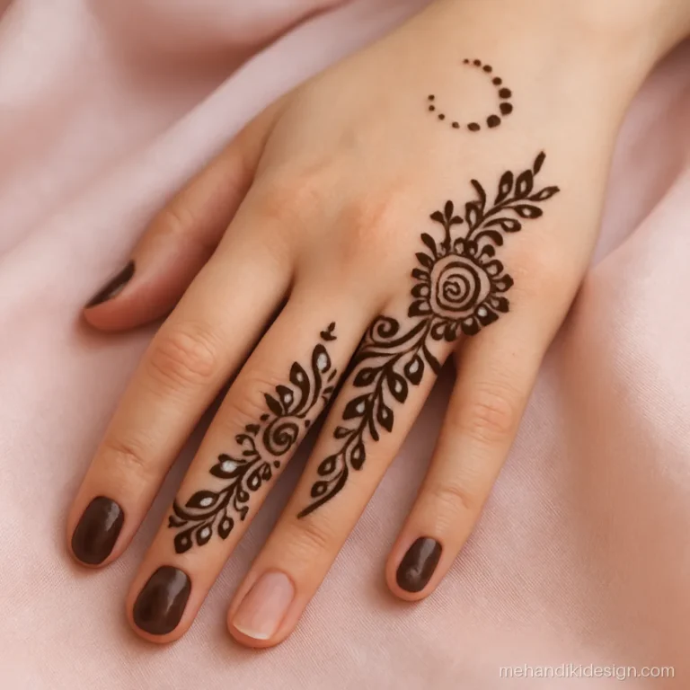 Minimal Karva chauth mehandi with half filled finger tips and dotted moons