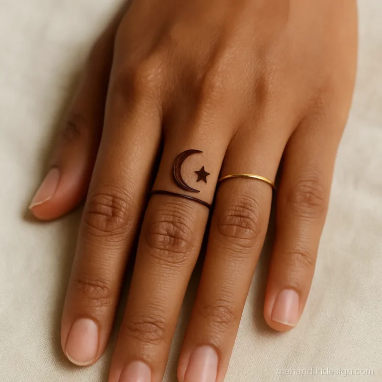 Minimal karva chauth mehandi with a tiny moon on the ring finger