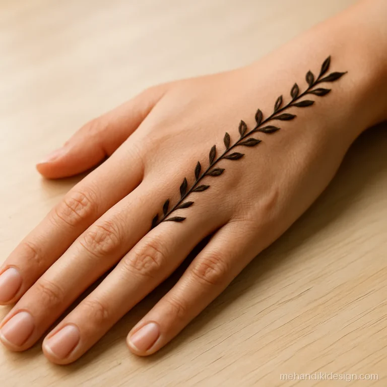 Minimal karva chauth mehandi with a vine on the side of the hand and moon