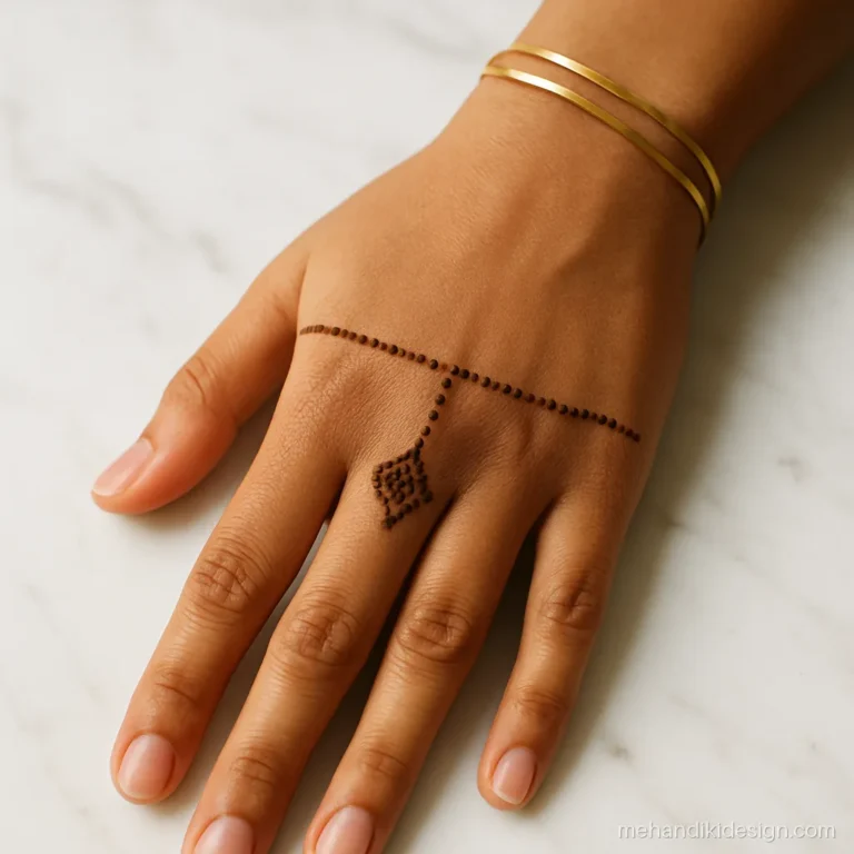 Minimal karva chauth mehandi with a small chalni bracelet on the wrist