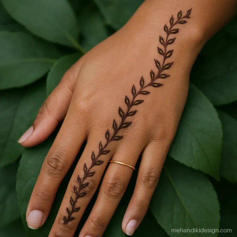 Minimal mehandi design leaf vine curling around the wrist and thumb