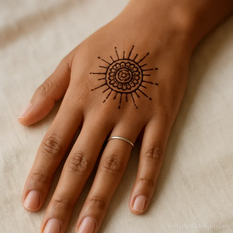 Minimal small mandala mehandi on the back hand with fine rays