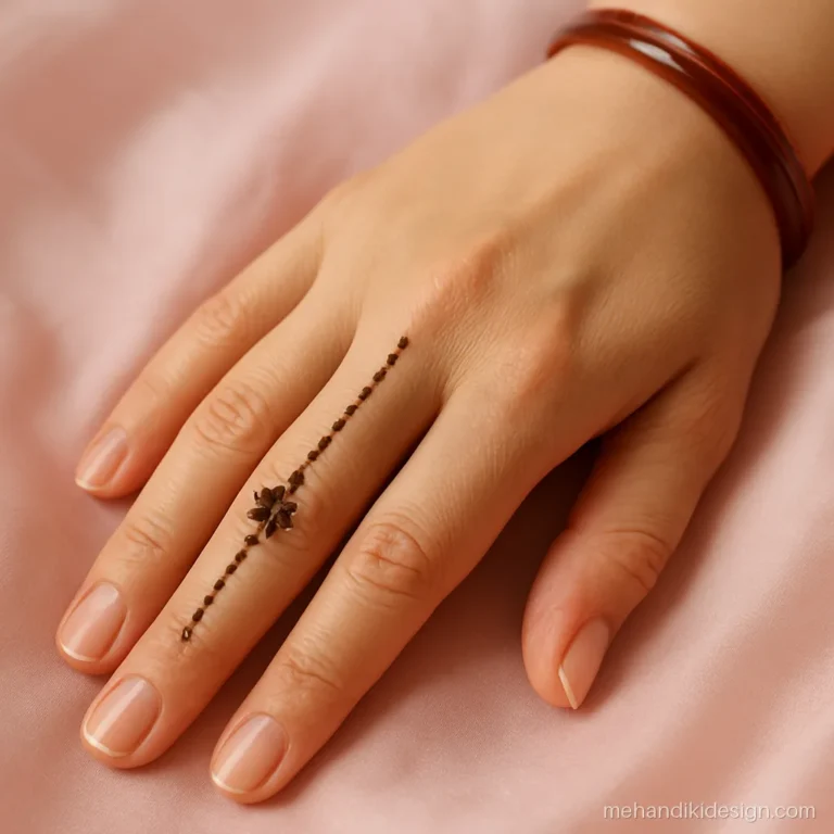 Minimal mehandi design with a single line and dots on the index finger