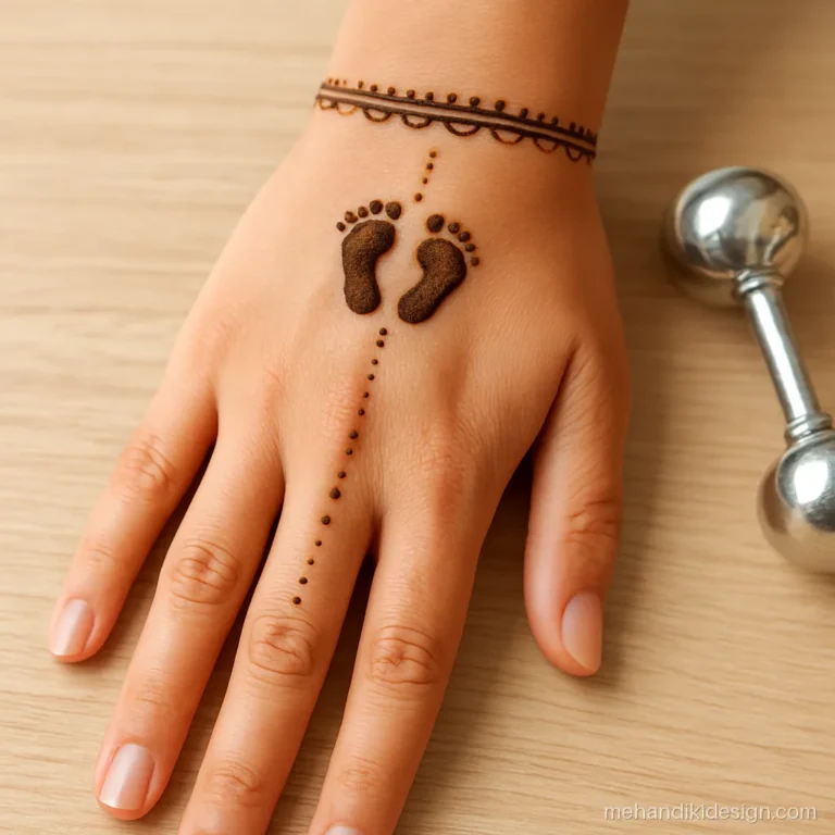 Minimal wrist band mehandi with two baby feet and dots for baby shower