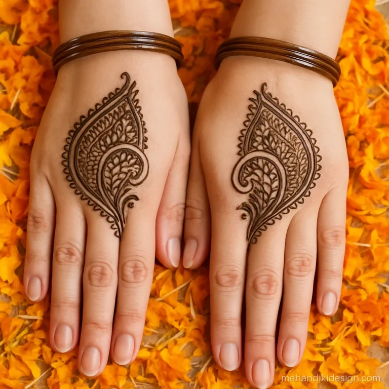 Left and right hand mehandi design mirrored with paisleys facing each other