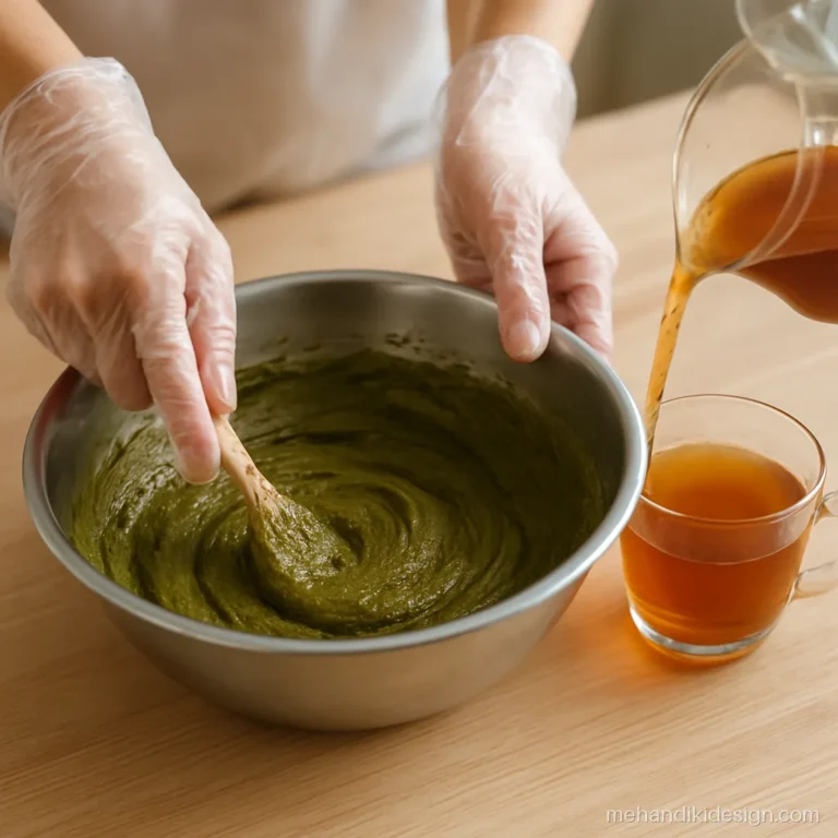 Herbal mehandi for hair being mixed with warm tea water in a steel bowl