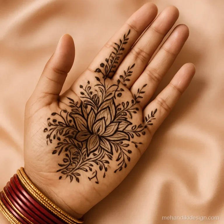 Modern bridal mehandi design with groom initial hidden in the floral fill