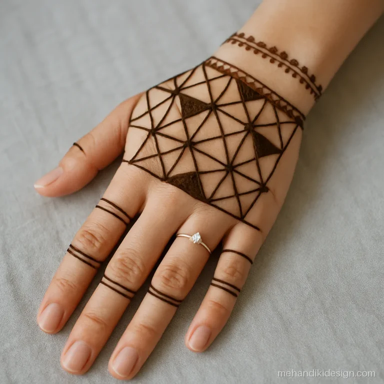 Modern bridal mehandi with a geometric grid and negative space on the palm