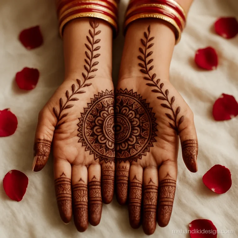 Modern dulhan mehandi with mirror symmetry when both palms join
