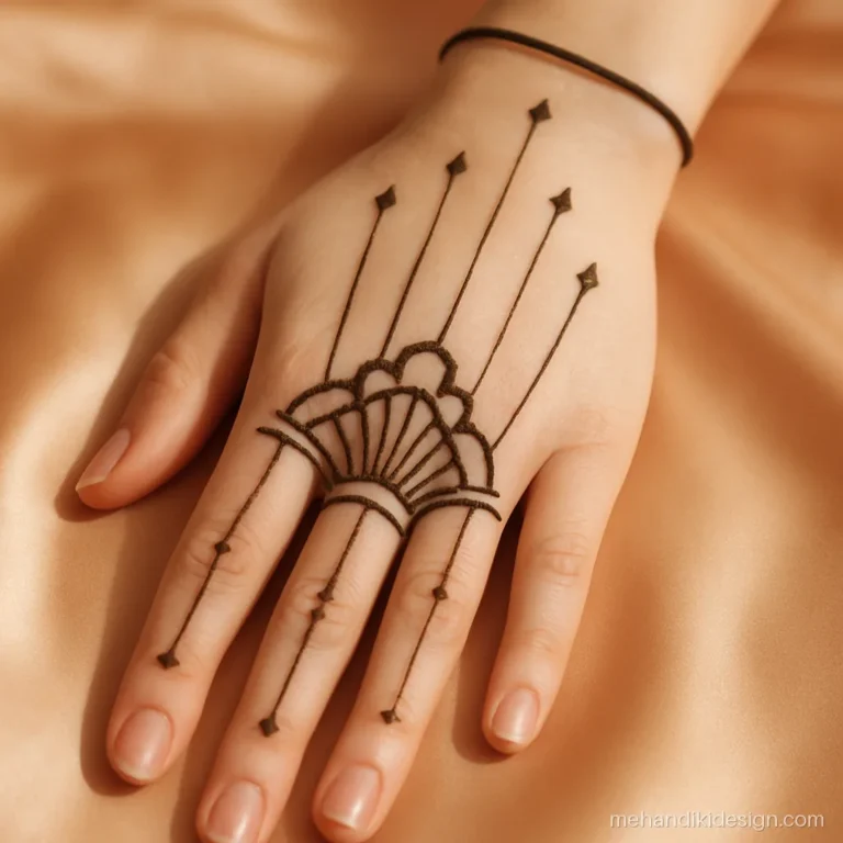 Modern mehandi design in art deco fan shape at the wrist