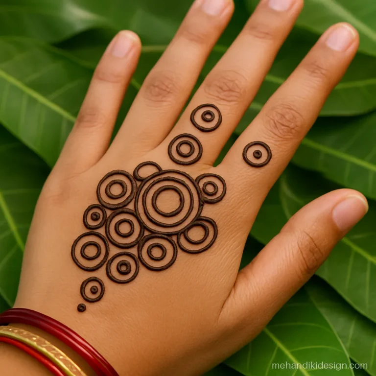 Modern mehandi design with circle and dot clusters on the back hand