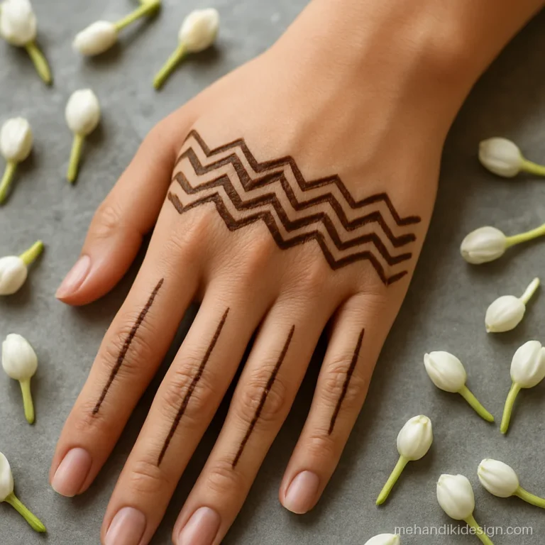 Modern mehandi design with zigzag lines and dotted triangles on back hand