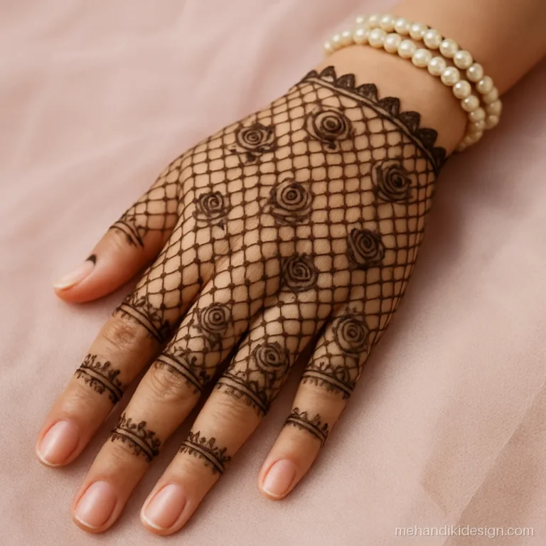 Modern mehandi design bridal style with a sheer lace glove look