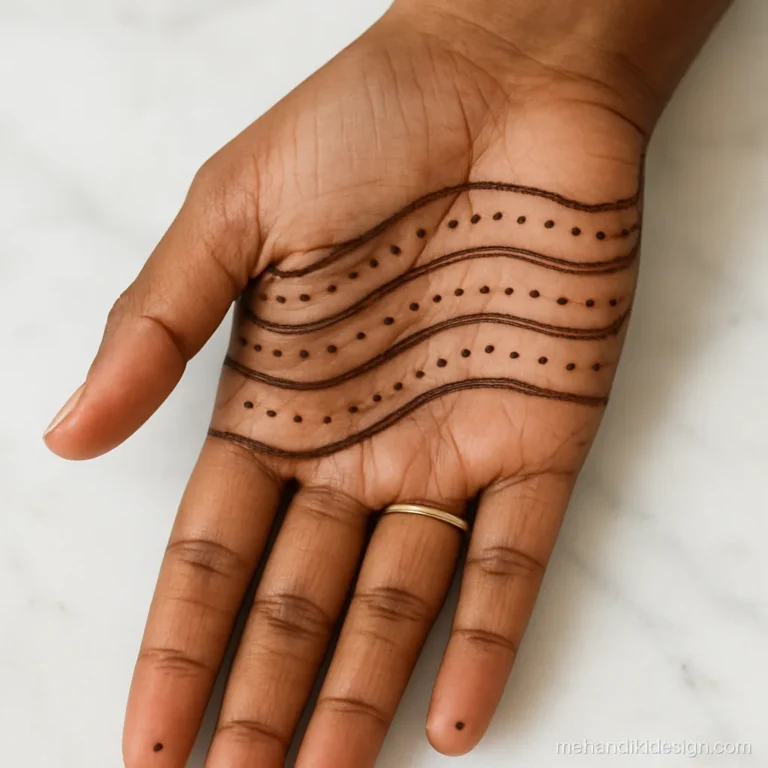 Modern mehandi ka design with clean line art waves across the palm
