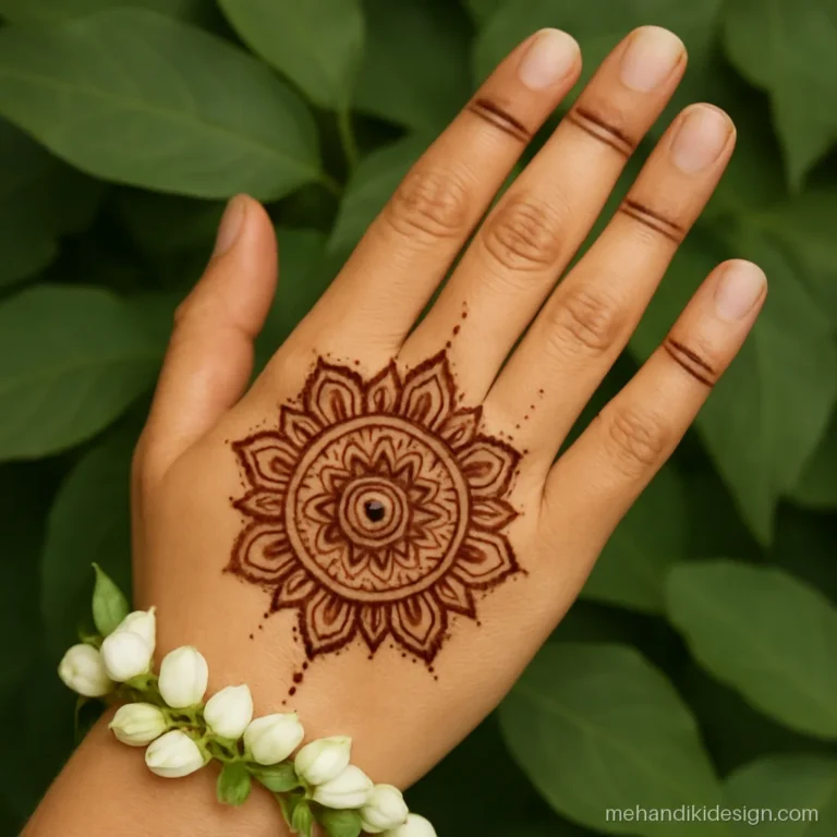 Bride's wrist wearing a white mogra flower bracelet over fresh mehandi on the palm
