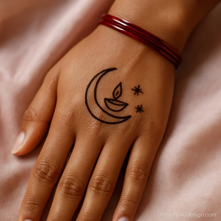 Tattoo mehandi design with a crescent and small diya for Karva Chauth
