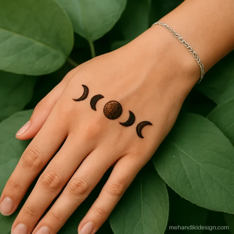 Tattoo style mehandi of moon phases in a line across the wrist