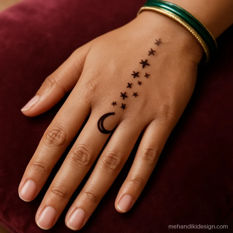 Moon and star tattoo mehandi with a star trail up the ring finger