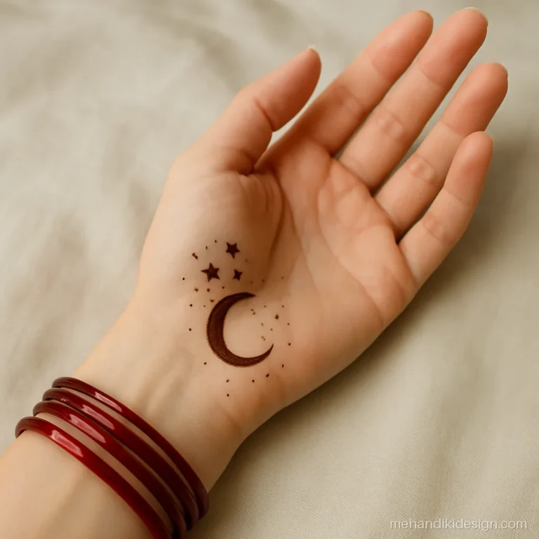 Tattoo mehandi design with a crescent moon and star cluster on the wrist