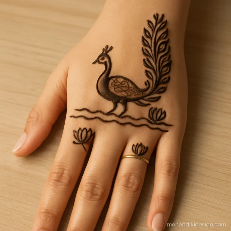 Mor mehandi on the back hand with lotus buds and a pond line