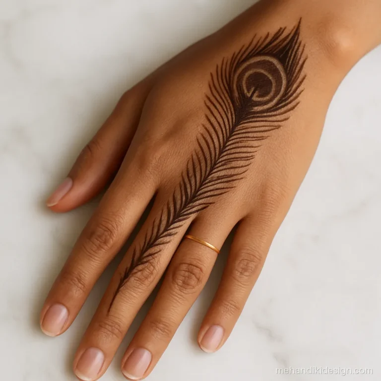 Mor pankh mehandi design with a single long feather from wrist to finger