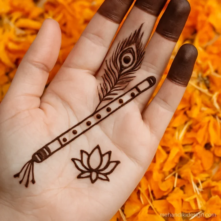 Mor pankh mehandi on the palm with a feather tucked behind a flute
