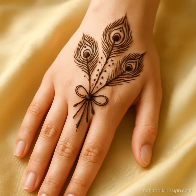 Mor pankh wali mehandi with three feathers fanned on the back hand